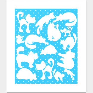 White Cat Silhouette Polka Dot Pattern Posters and Art